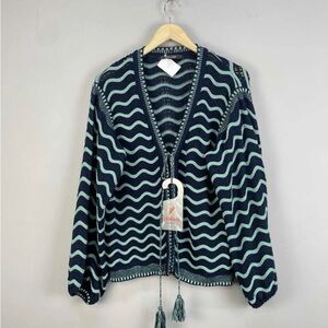Wave Pattern Navy and Teal Cotton Sweater Shoulder Sz M